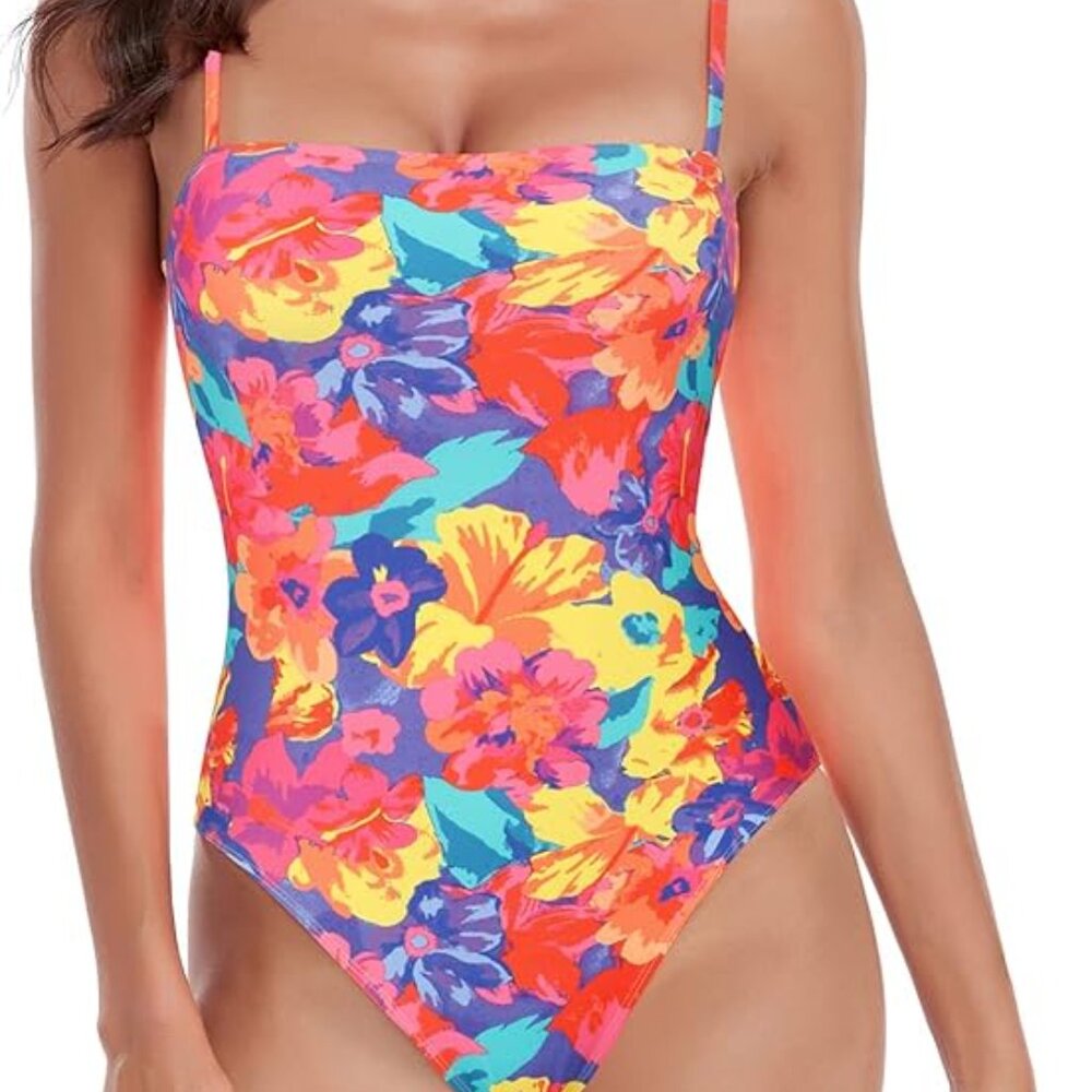 ✨RELLECIGA Floral One-Piece Swimsuit Tropical Pink Yellow Medium NWOT